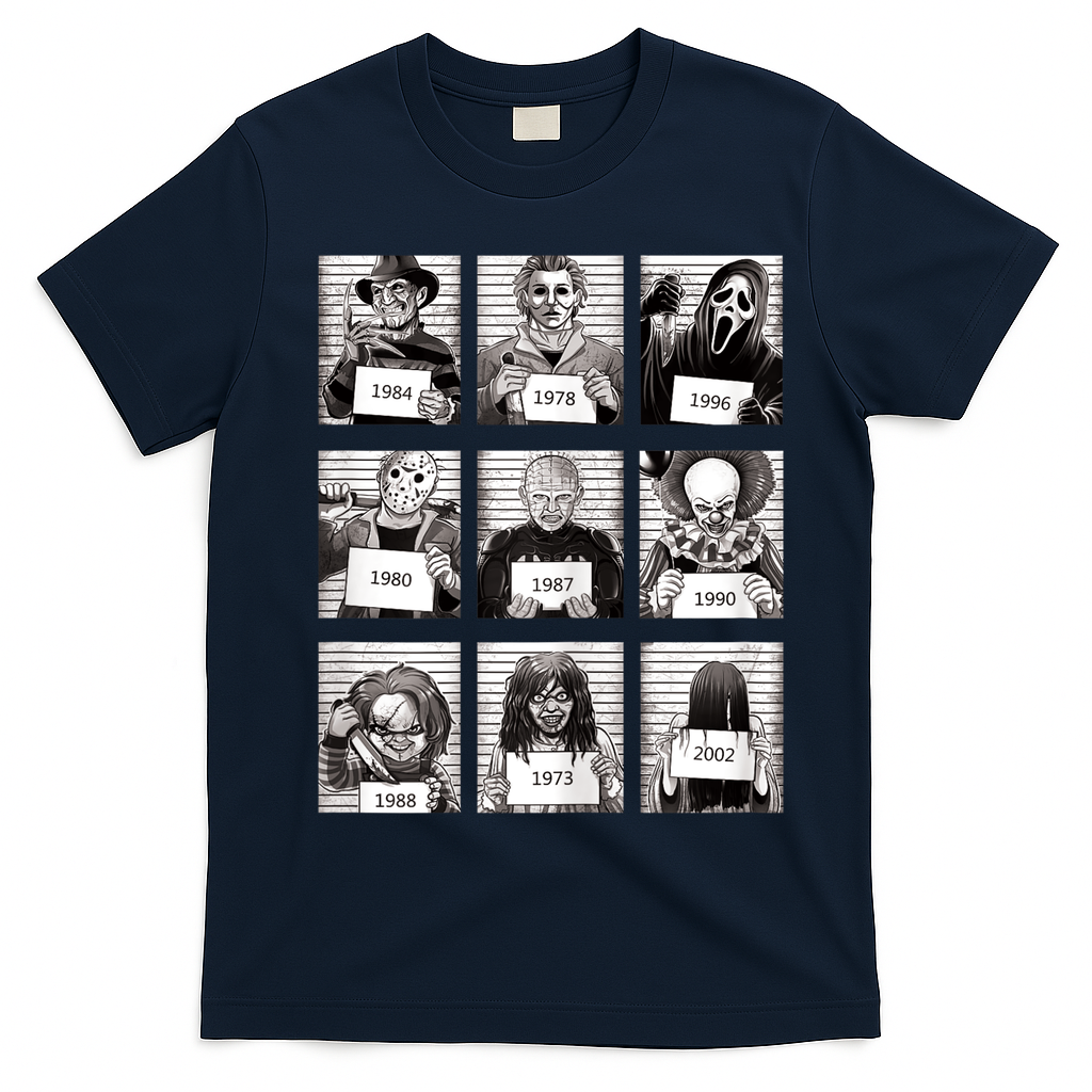 Halloween Horror Legends Killer Mugshots Creepy Fan T-Shirt - Navy Blue