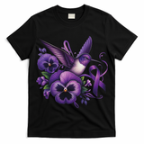 Hummingbird Holding Purple Ribbon Alzheimer Awareness Pansy T-Shirt
