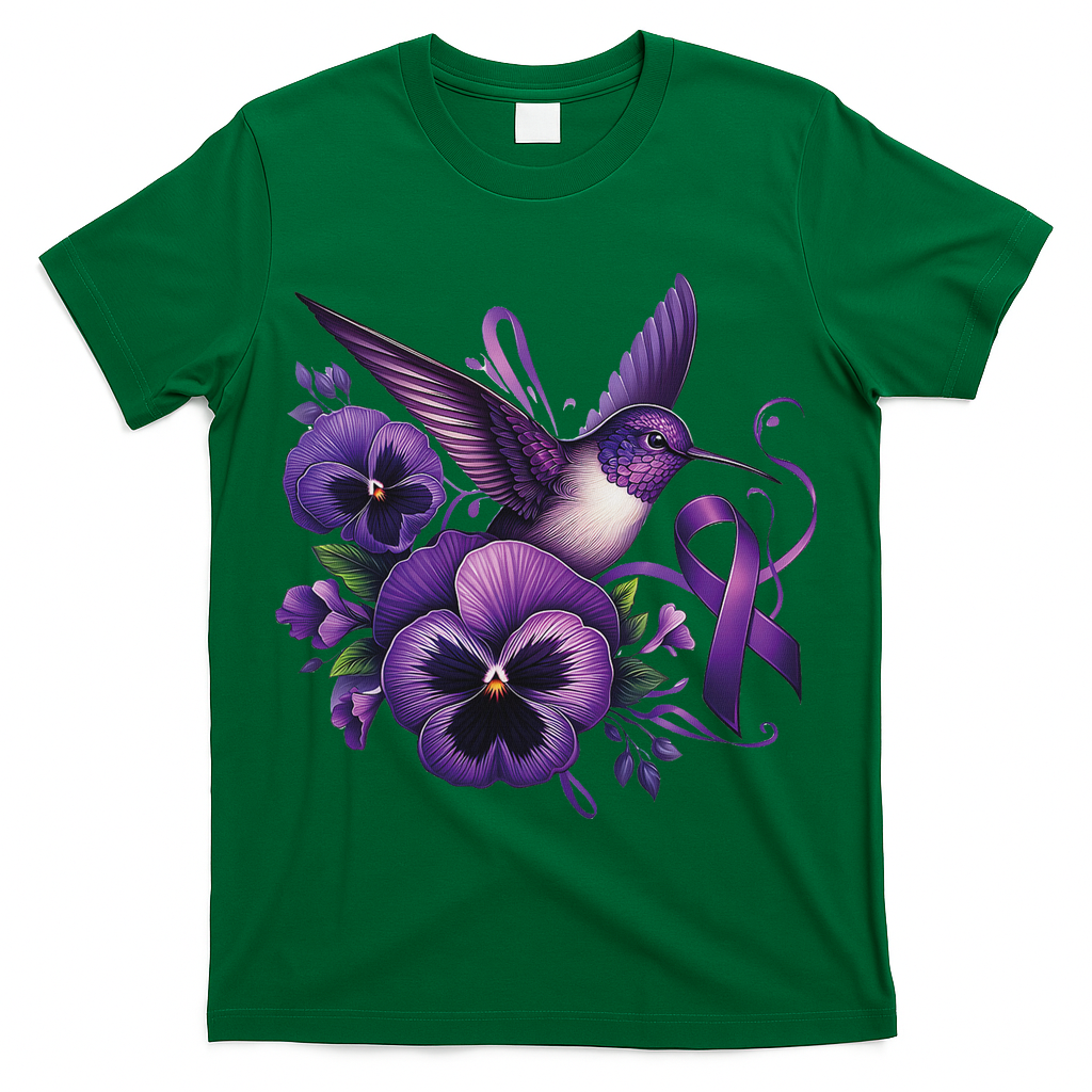 Hummingbird Holding Purple Ribbon Alzheimer Awareness Pansy T-Shirt