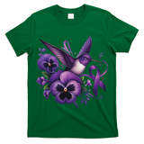 Hummingbird Holding Purple Ribbon Alzheimer Awareness Pansy T-Shirt