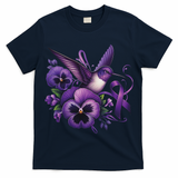 Hummingbird Holding Purple Ribbon Alzheimer Awareness Pansy T-Shirt