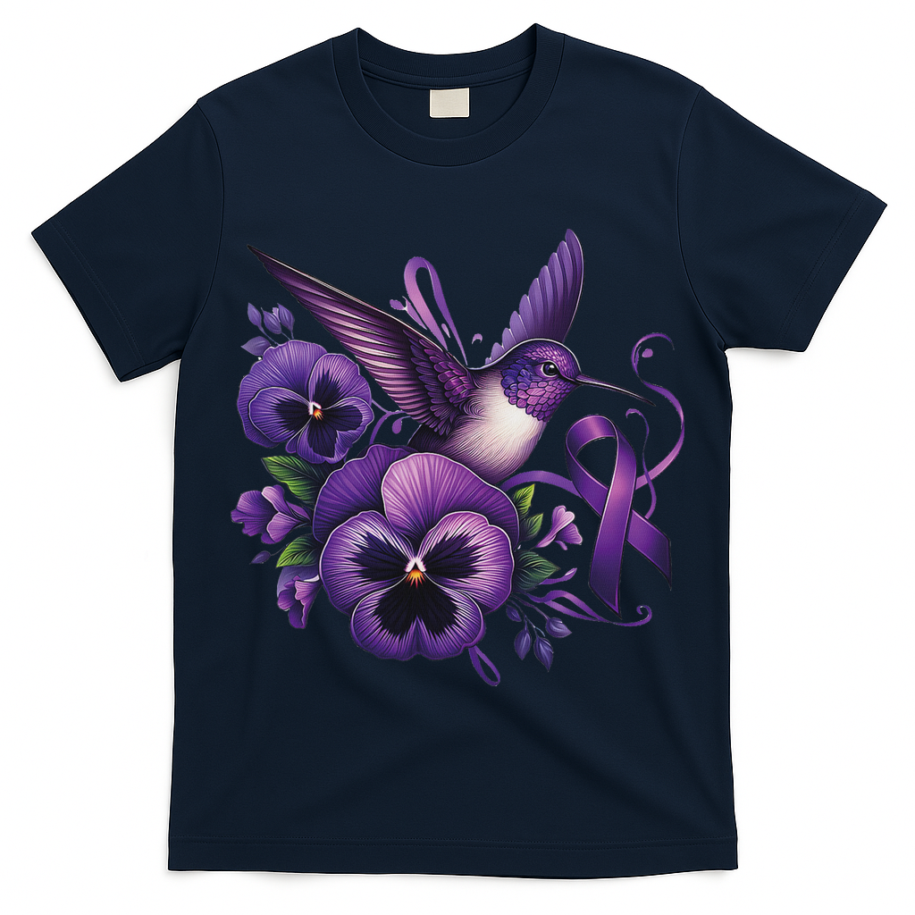 Hummingbird Holding Purple Ribbon Alzheimer Awareness Pansy T-Shirt