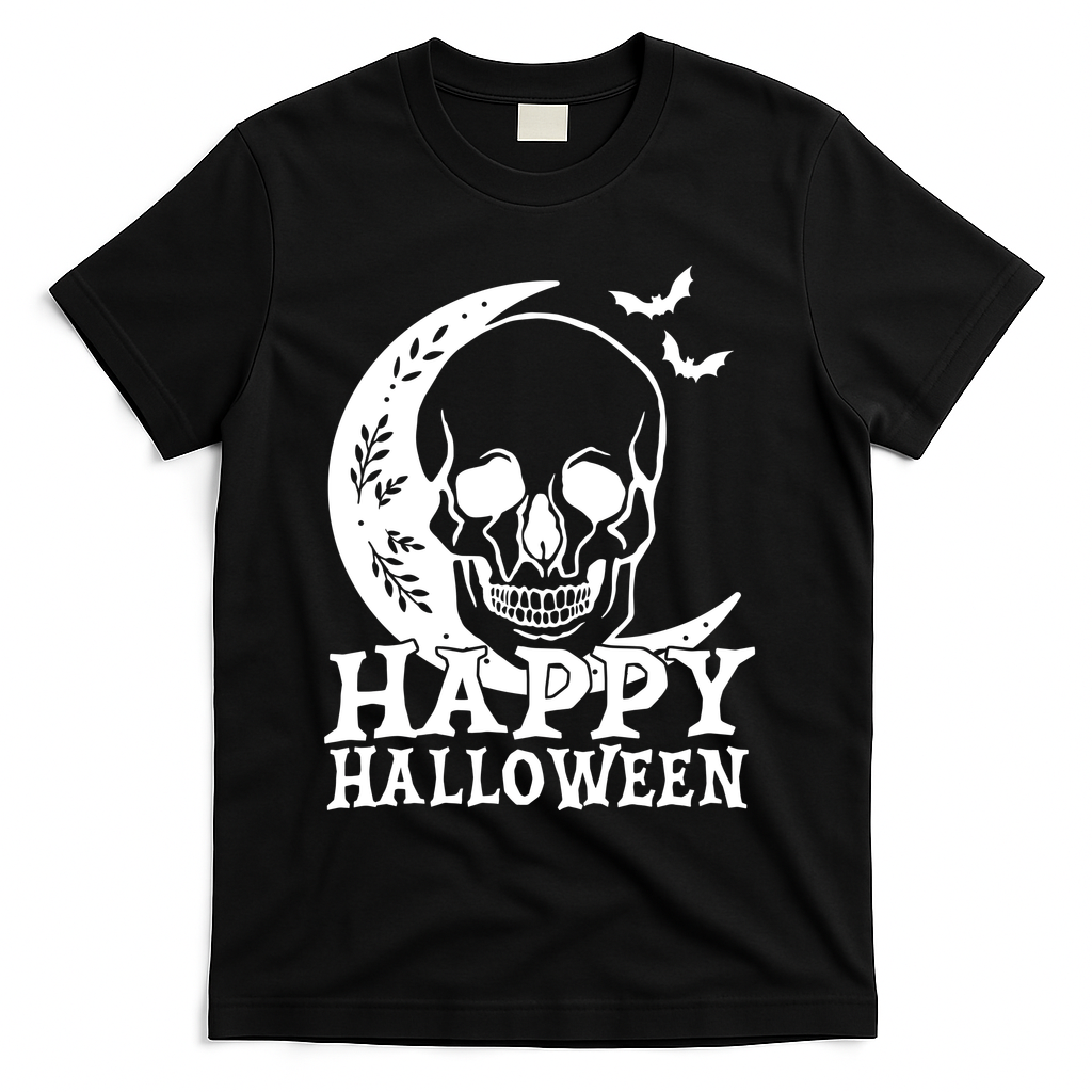 Happy Halloween Skull Moon Spooky T-Shirt - Black