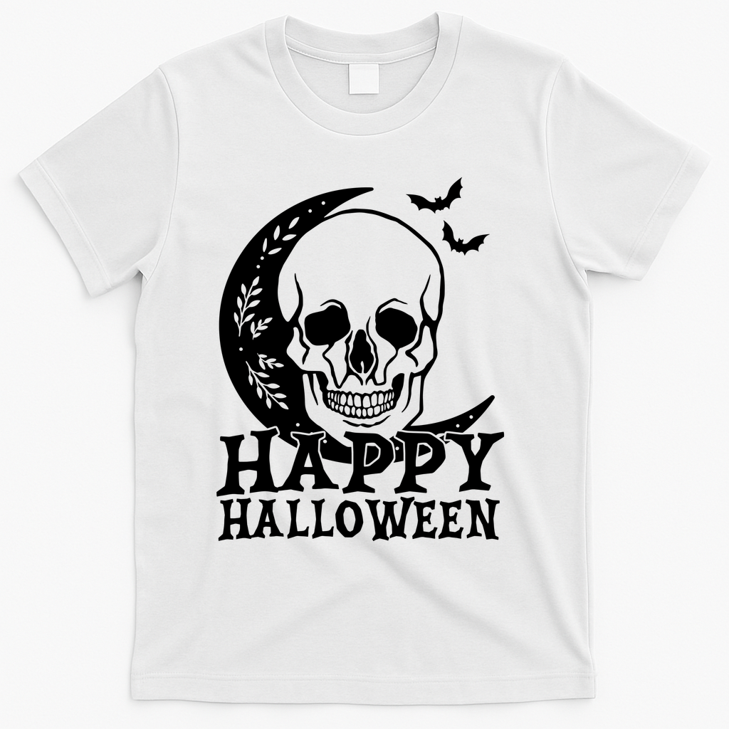 Happy Halloween Skull Moon Spooky T-Shirt - White