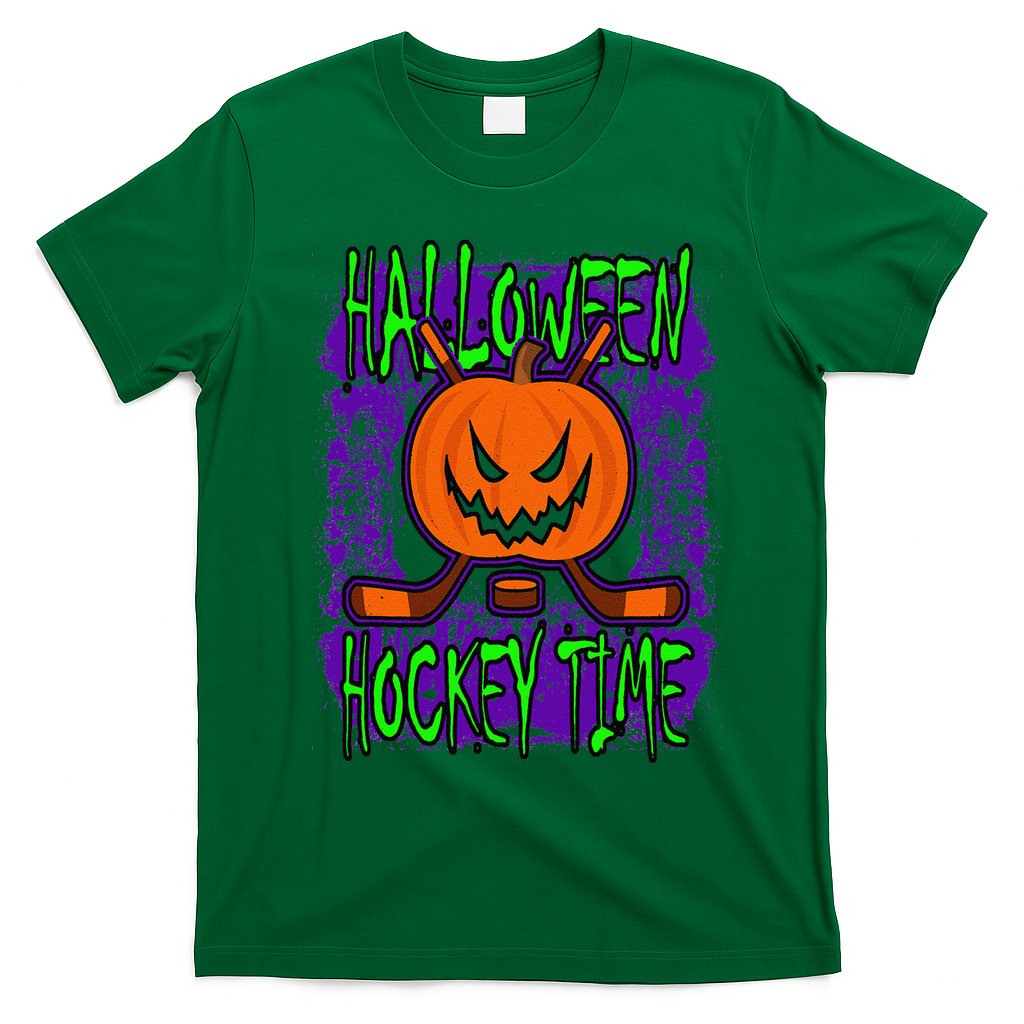 Halloween Hockey Time With Spooky Pumpkin And Hockey Sticks T-Shirt - Irish Green