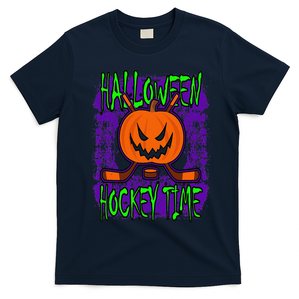 Halloween Hockey Time With Spooky Pumpkin And Hockey Sticks T-Shirt - Navy Blue