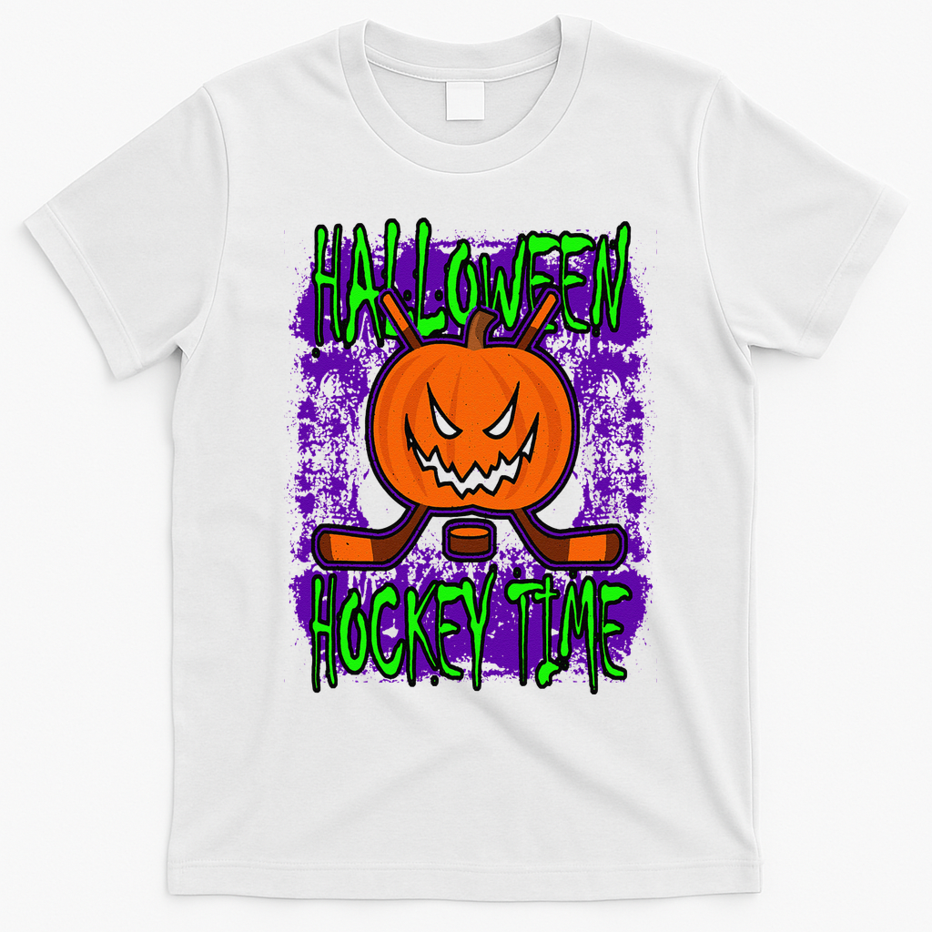Halloween Hockey Time With Spooky Pumpkin And Hockey Sticks T-Shirt - White