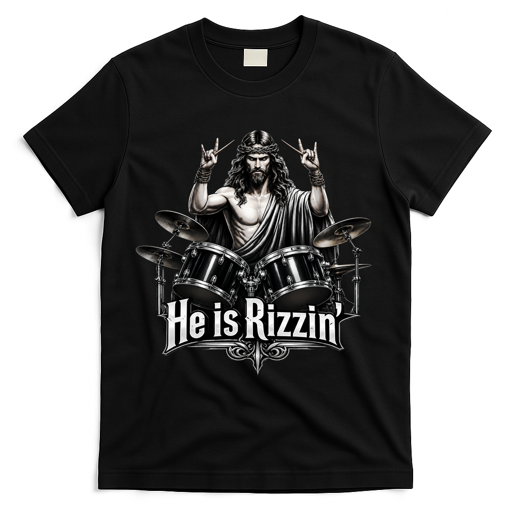 He Is Rizzin' Drummer Jesus Rocks T-Shirt - Black