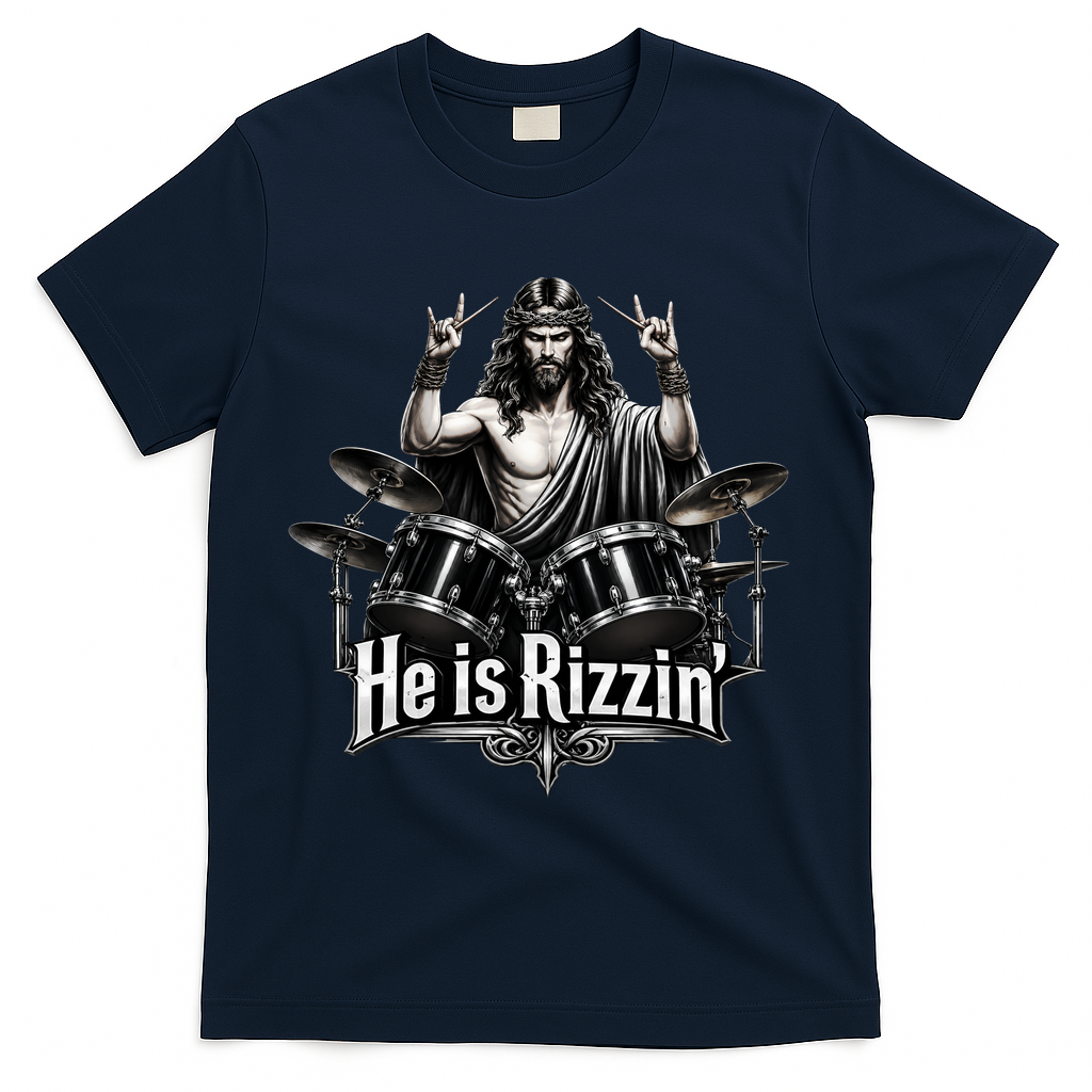 He Is Rizzin' Drummer Jesus Rocks T-Shirt - Navy