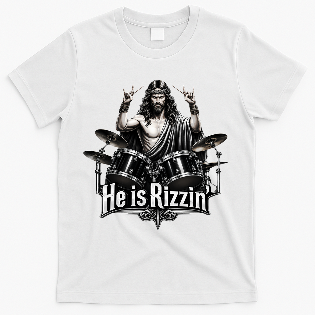 He Is Rizzin' Drummer Jesus Rocks T-Shirt - White