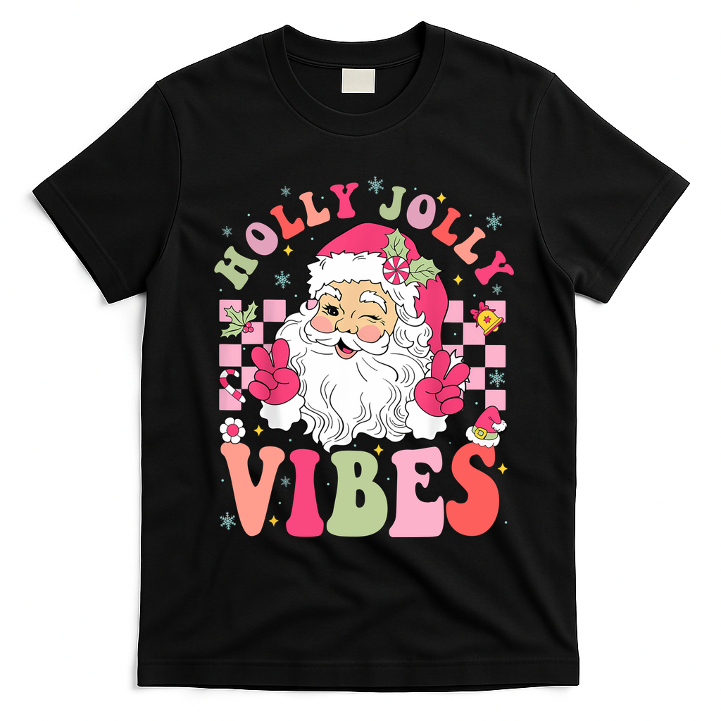 Holly Jolly Vibes Groovy Cute Santa Claus Christmas T-Shirt - Black