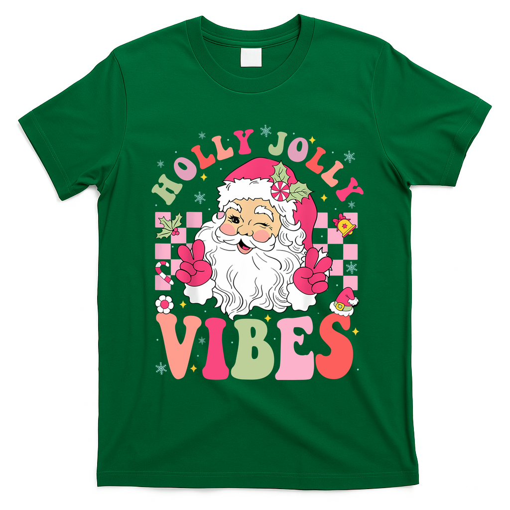 Holly Jolly Vibes Groovy Cute Santa Claus Christmas T-Shirt - Irish Green