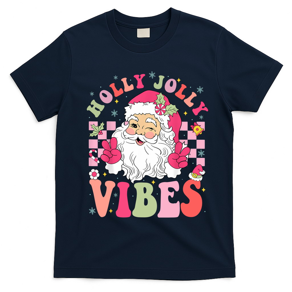Holly Jolly Vibes Groovy Cute Santa Claus Christmas T-Shirt - Navy Blue