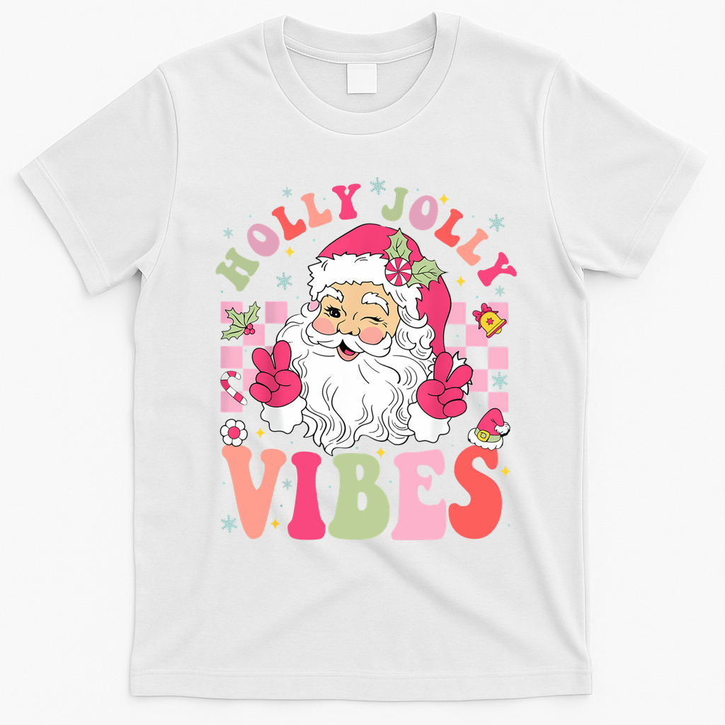 Holly Jolly Vibes Groovy Cute Santa Claus Christmas T-Shirt - White
