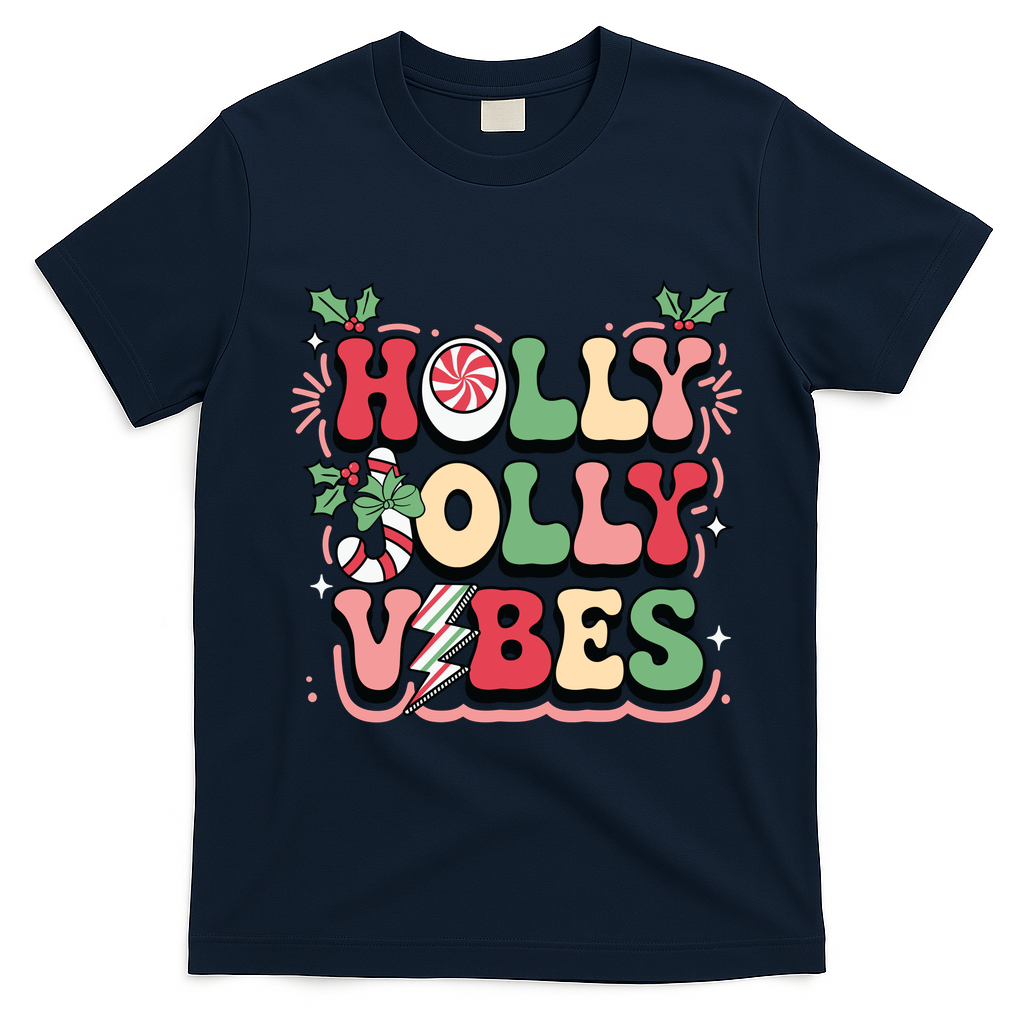 Holly Jolly Vibes Christmas T-Shirt - Navy Blue