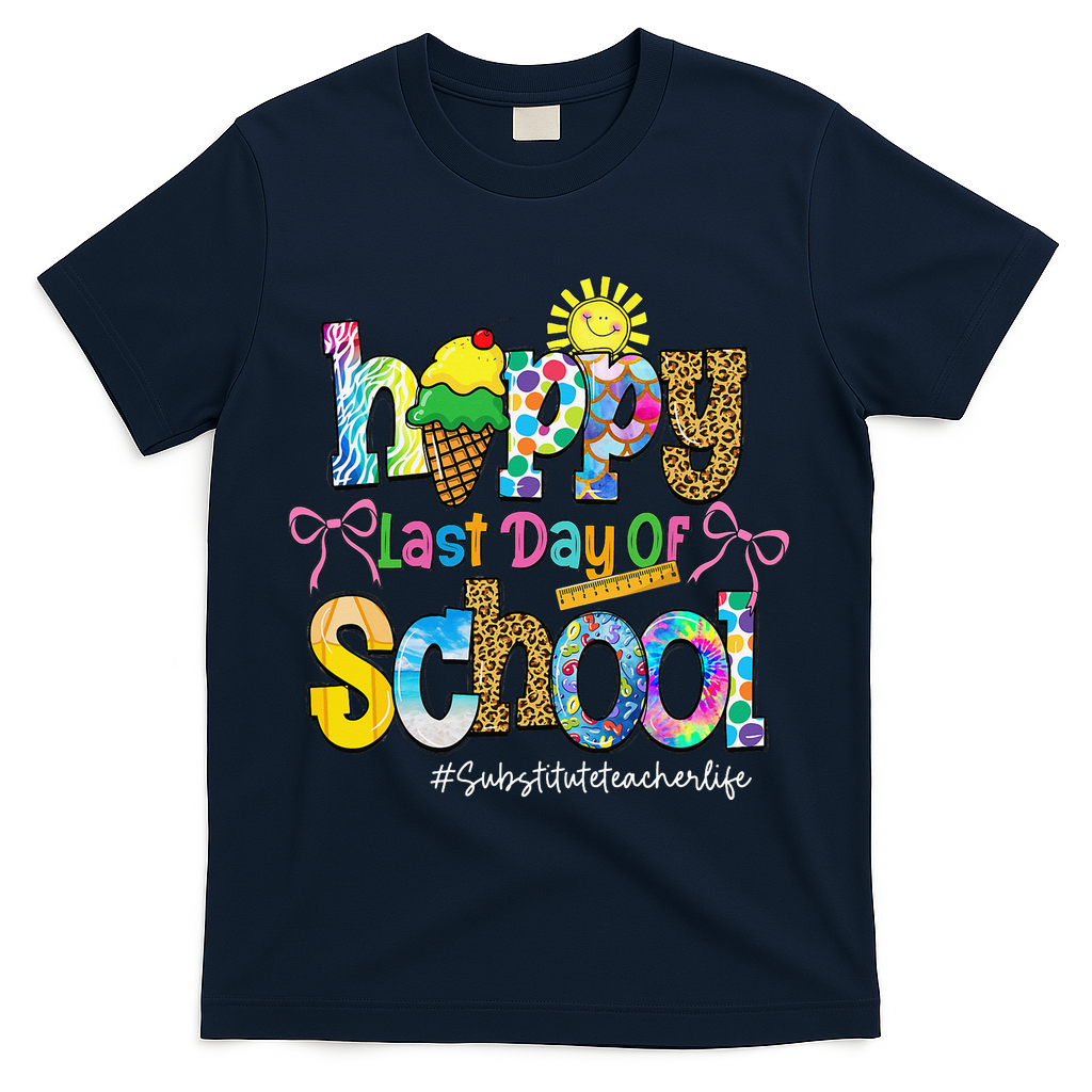 Happy Last Day Of School Substitute Teacher Life Leopard T-Shirt - Navy