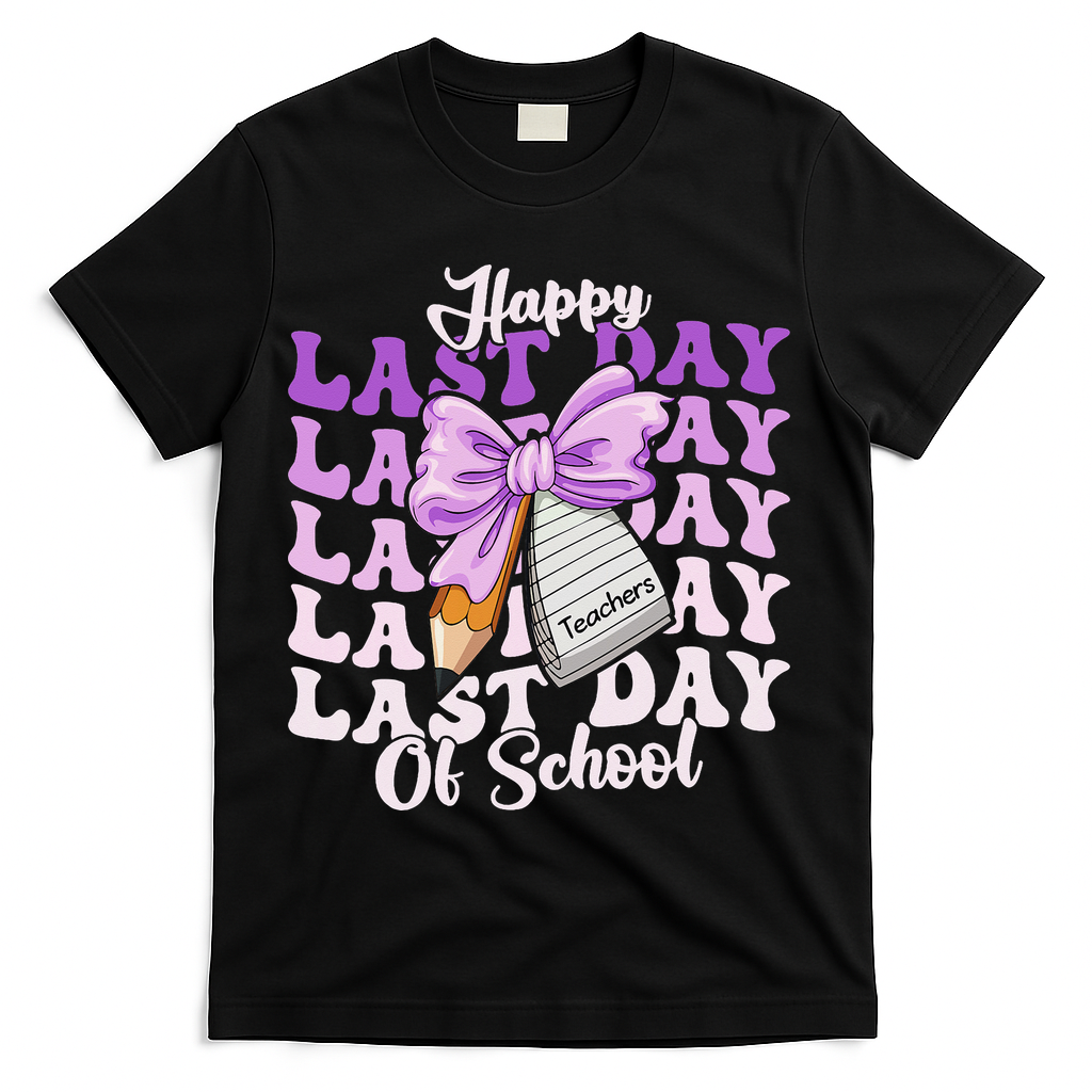 Happy Last Day Of School Coquette Bow Teachers Hello Summer T-Shirt - Black
