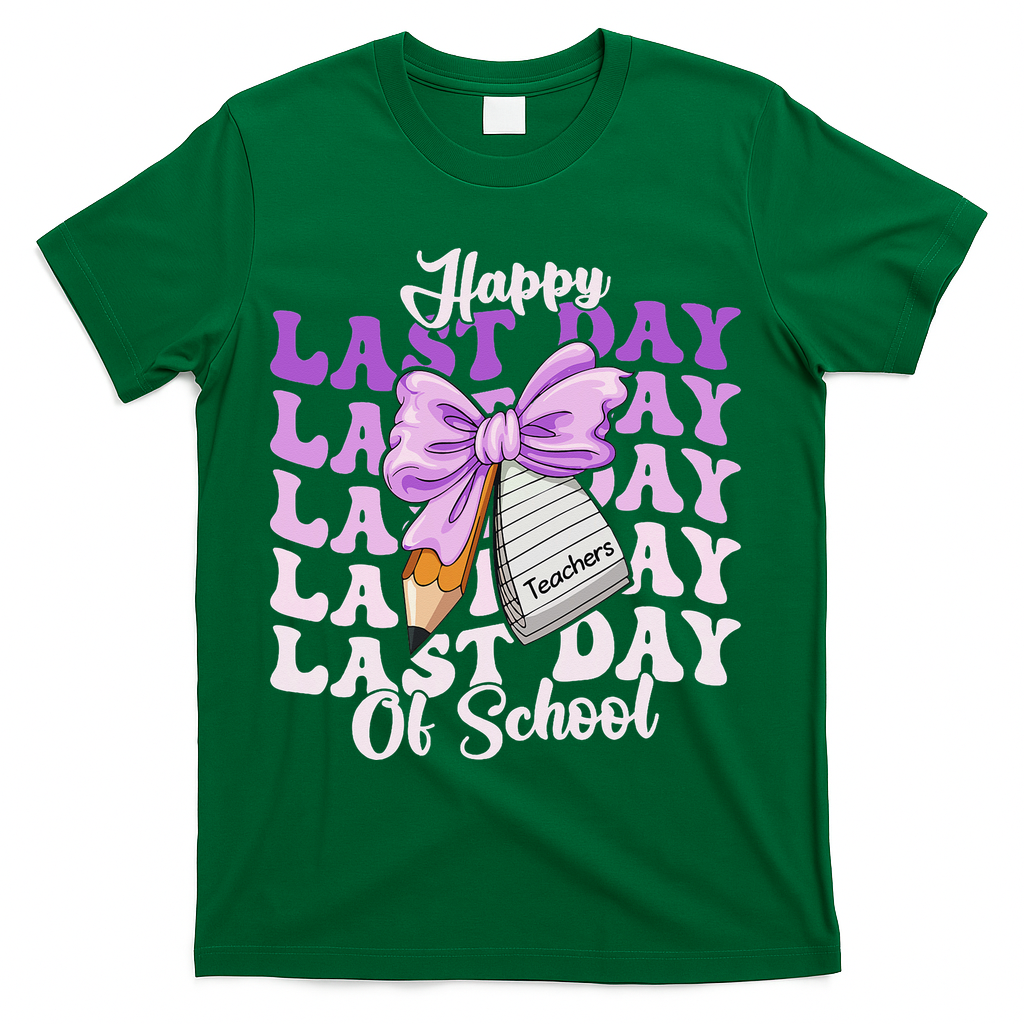Happy Last Day Of School Coquette Bow Teachers Hello Summer T-Shirt - Green