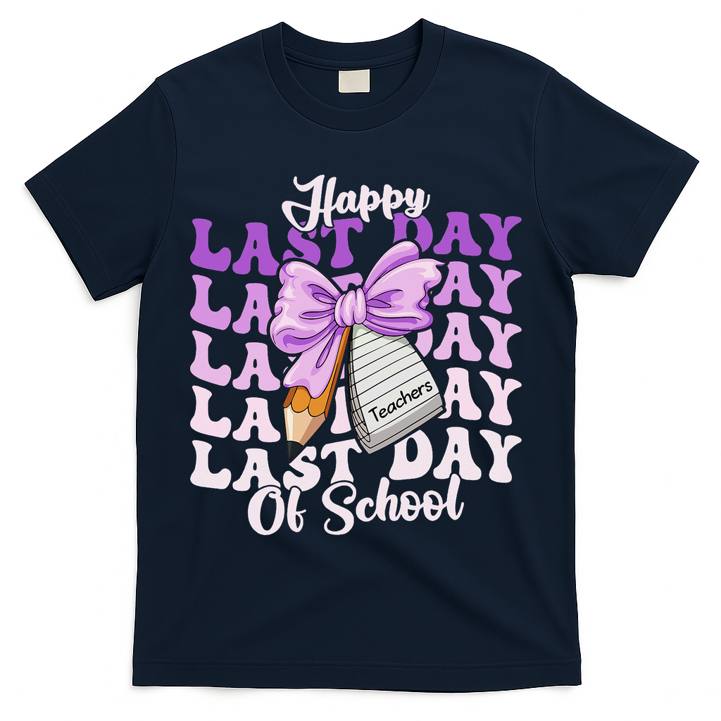 Happy Last Day Of School Coquette Bow Teachers Hello Summer T-Shirt - Navy