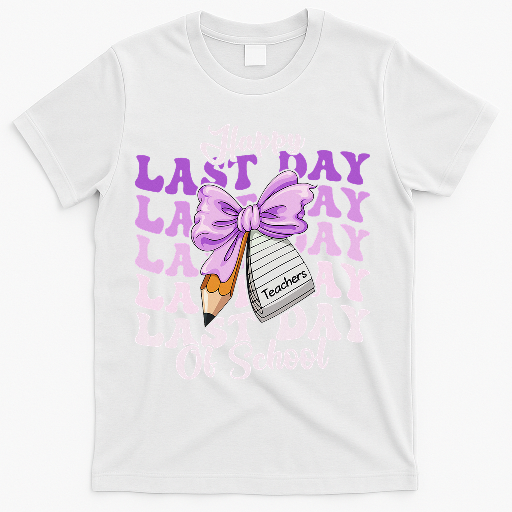 Happy Last Day Of School Coquette Bow Teachers Hello Summer T-Shirt - White