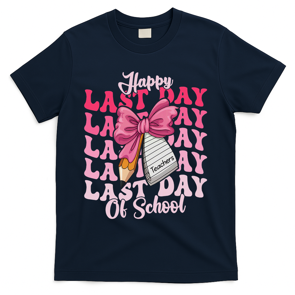 Happy Last Day Of School Coquette Bow Teachers T-Shirt - Navy