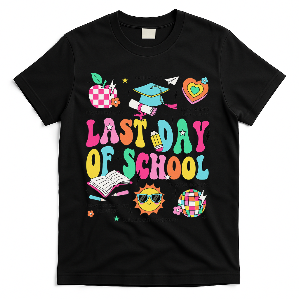 Happy Last Day Of School Teacher Girl Grad Hello Summer T-Shirt - Black
