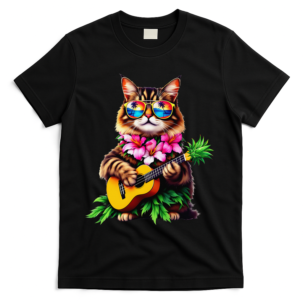 Hawaiian Maine Coon Cat Pineapple Ukulele Summer Vacation T-Shirt - Black