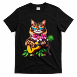 Hawaiian Maine Coon Cat Pineapple Ukulele Summer Vacation T-Shirt - Black