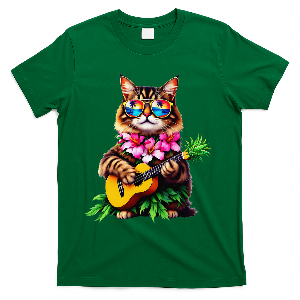 Hawaiian Maine Coon Cat Pineapple Ukulele Summer Vacation T-Shirt - Green