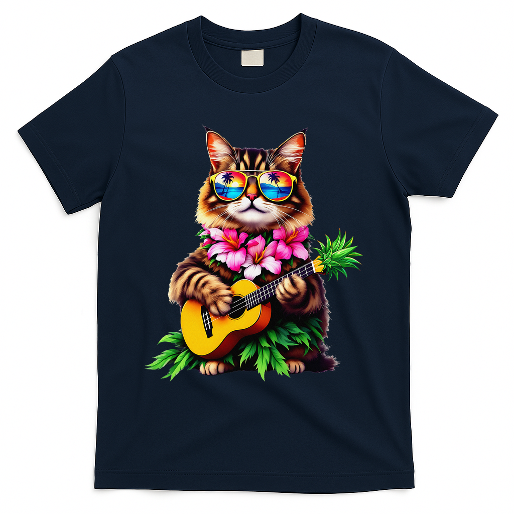 Hawaiian Maine Coon Cat Pineapple Ukulele Summer Vacation T-Shirt - Navy