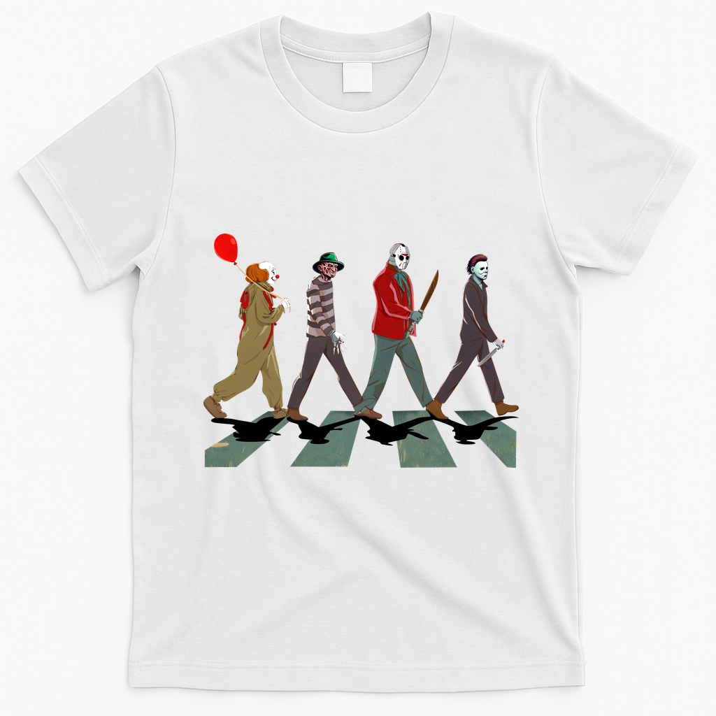 Horror Movie Characters Walking Road Friends Halloween Pennywise T-Shirt - White