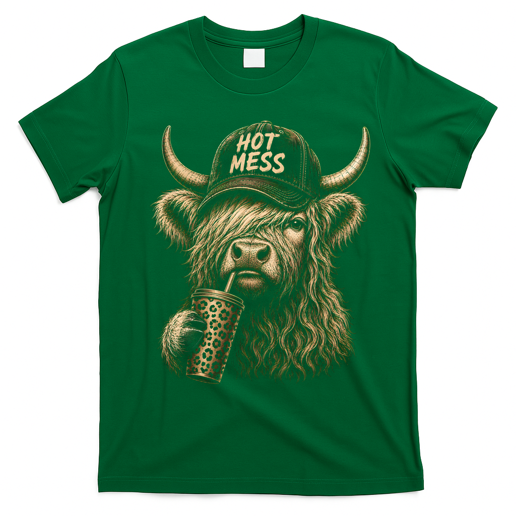 Hot Mess Highland Cow Funny T-Shirt - Irish Green