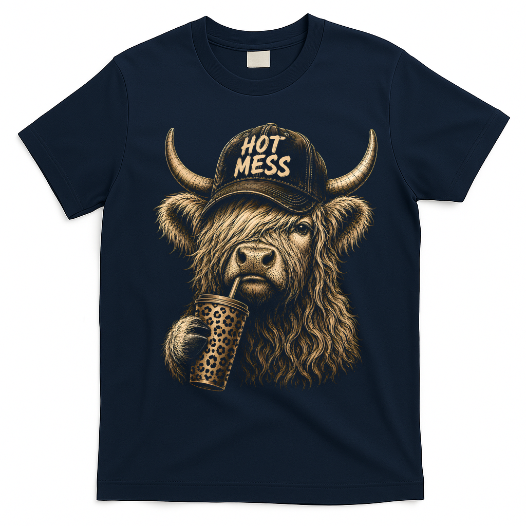 Hot Mess Highland Cow Funny T-Shirt - Navy Blue