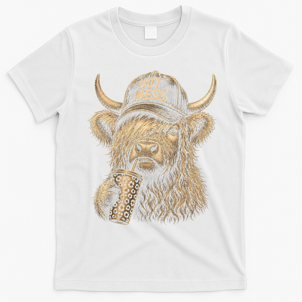 Hot Mess Highland Cow Funny T-Shirt - White