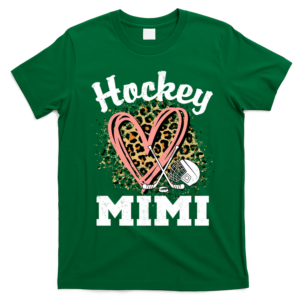 Hockey Mimi Leopard Heart Ice Hockey Grandma Great Gift T-Shirt - Irish Green