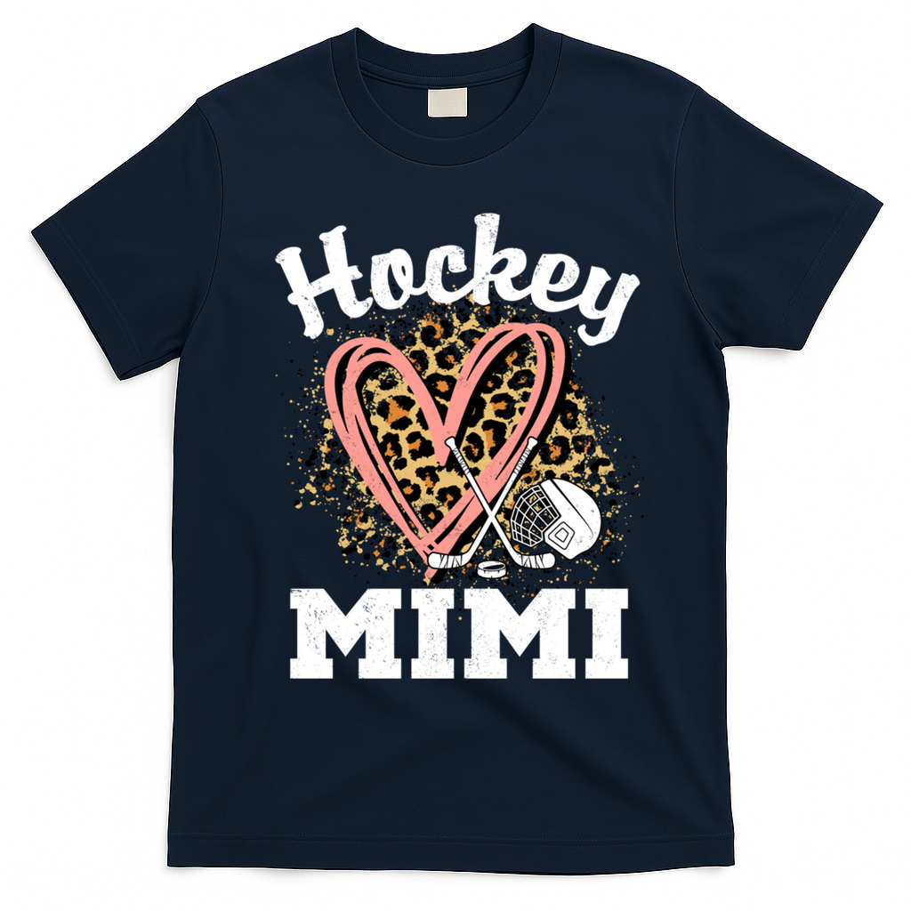 Hockey Mimi Leopard Heart Ice Hockey Grandma Great Gift T-Shirt - Navy Blue