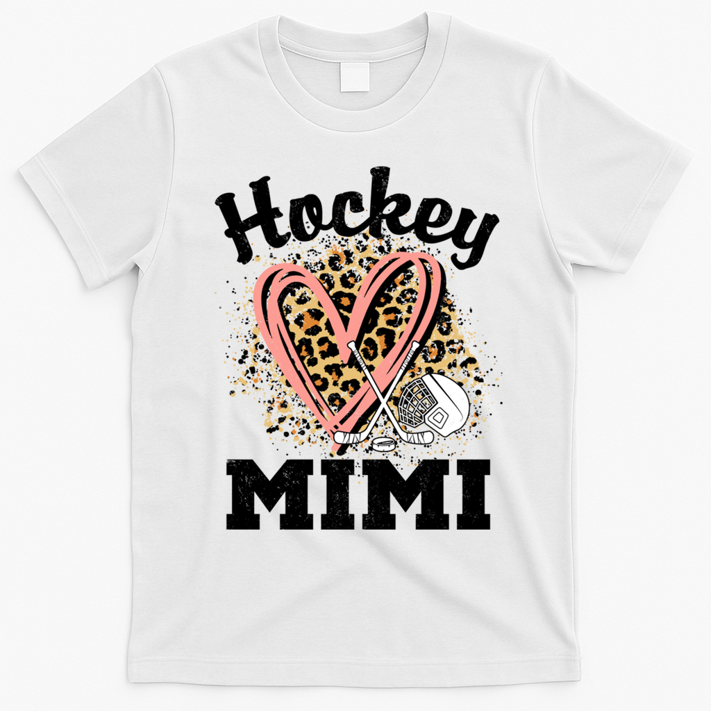 Hockey Mimi Leopard Heart Ice Hockey Grandma Great Gift T-Shirt - White