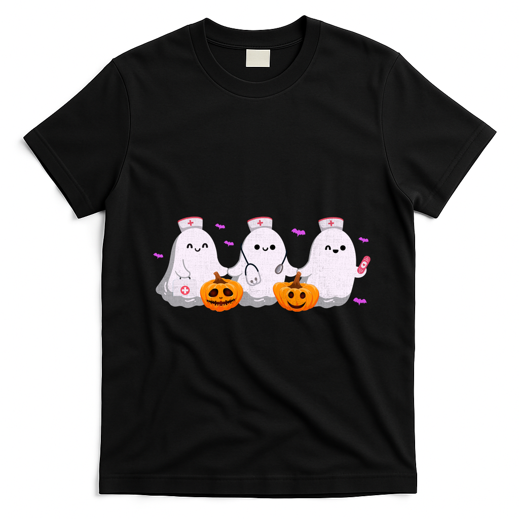 Halloween Nurse Ghosts Boo Crew T-Shirt - Black