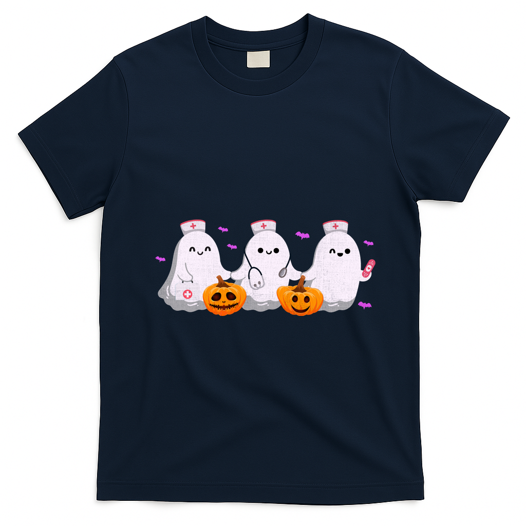 Halloween Nurse Ghosts Boo Crew T-Shirt - Navy Blue