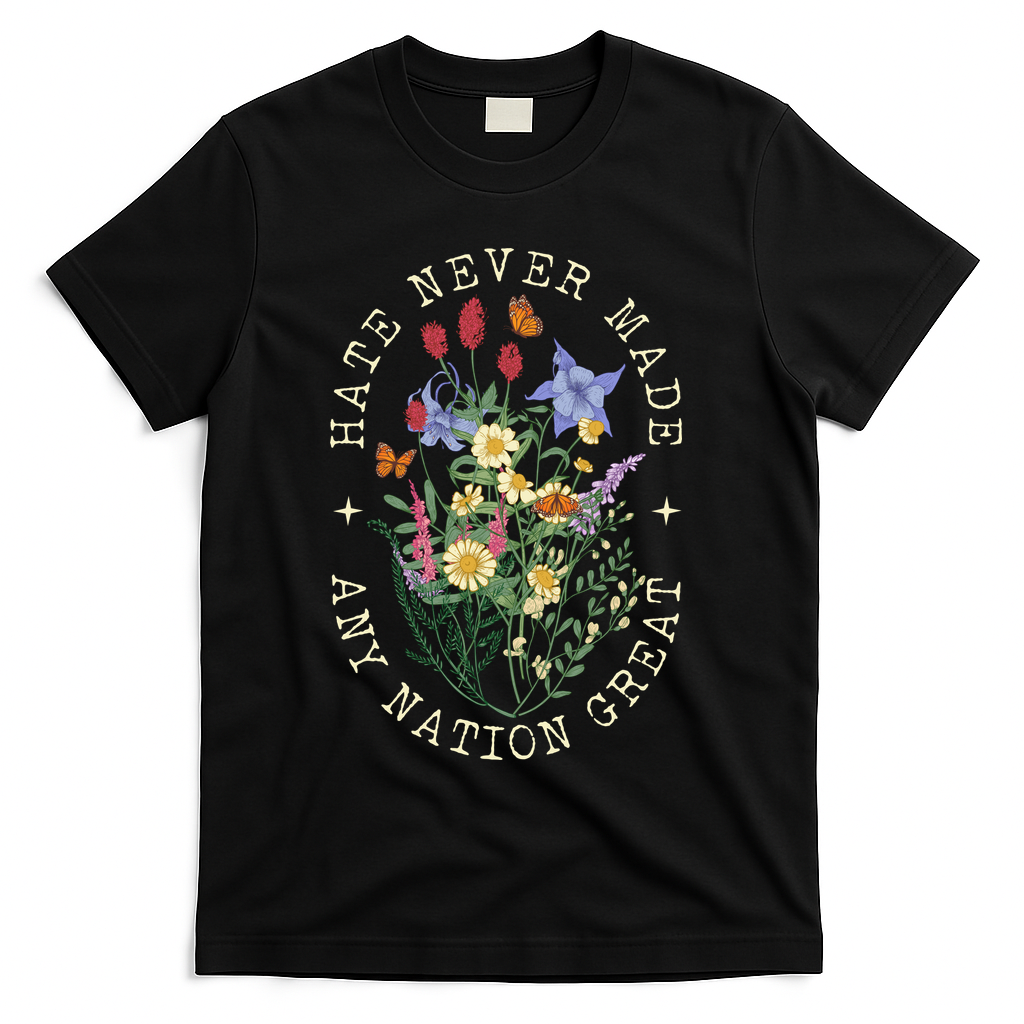 Hate Never Made Any Nation Great Anti Trump Vintage Flowers T-Shirt - Black