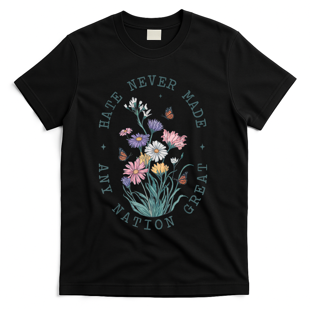 Hate Never Made Any Nation Great Anti Trump Floral Butterflies T-Shirt - Black