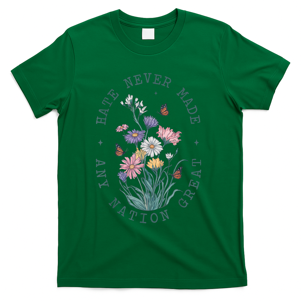 Hate Never Made Any Nation Great Anti Trump Floral Butterflies T-Shirt - Green