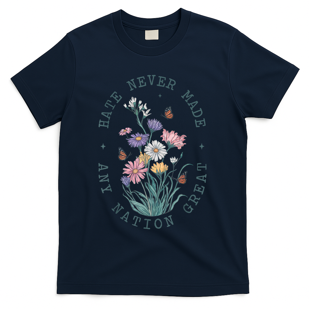Hate Never Made Any Nation Great Anti Trump Floral Butterflies T-Shirt - Navy