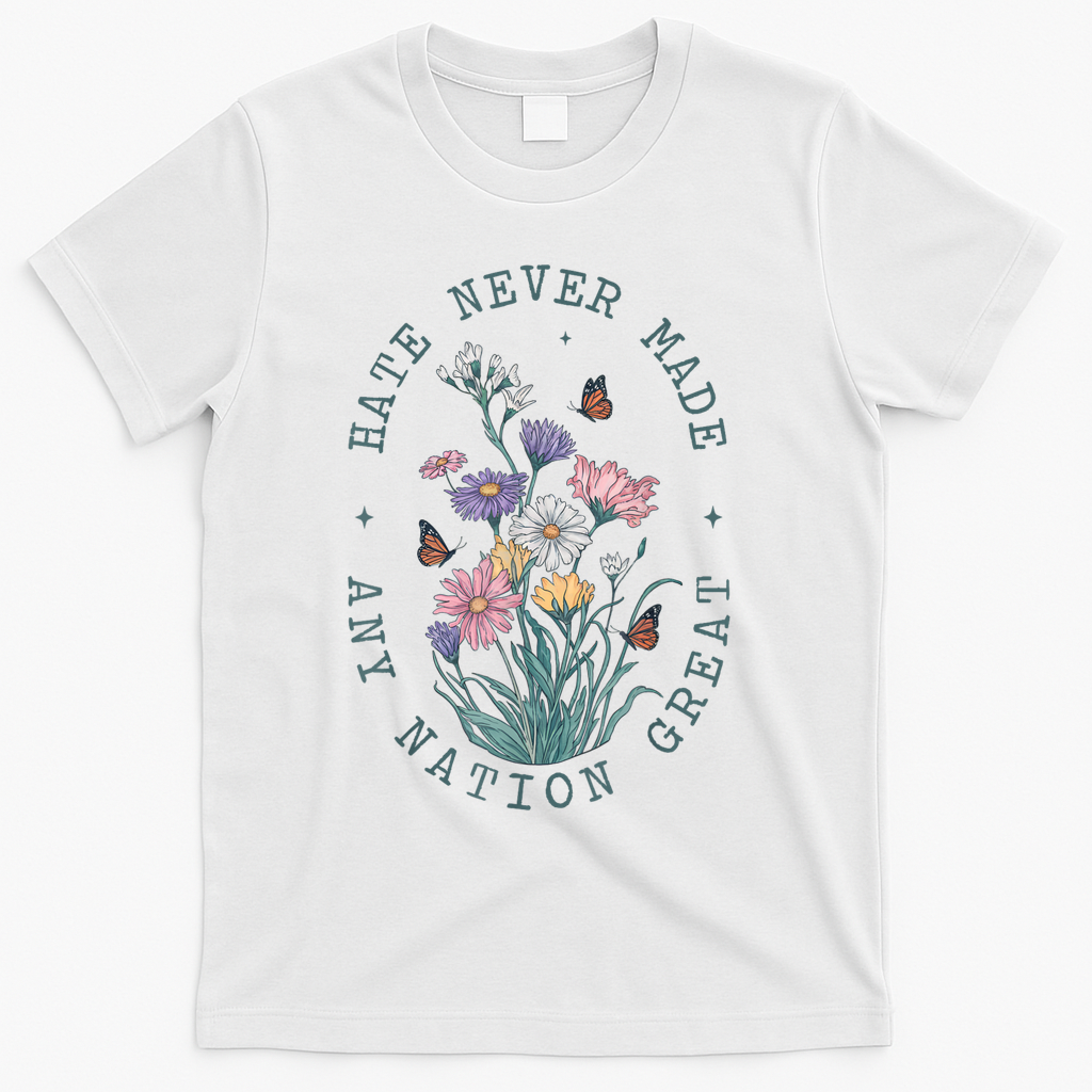 Hate Never Made Any Nation Great Anti Trump Floral Butterflies T-Shirt - White