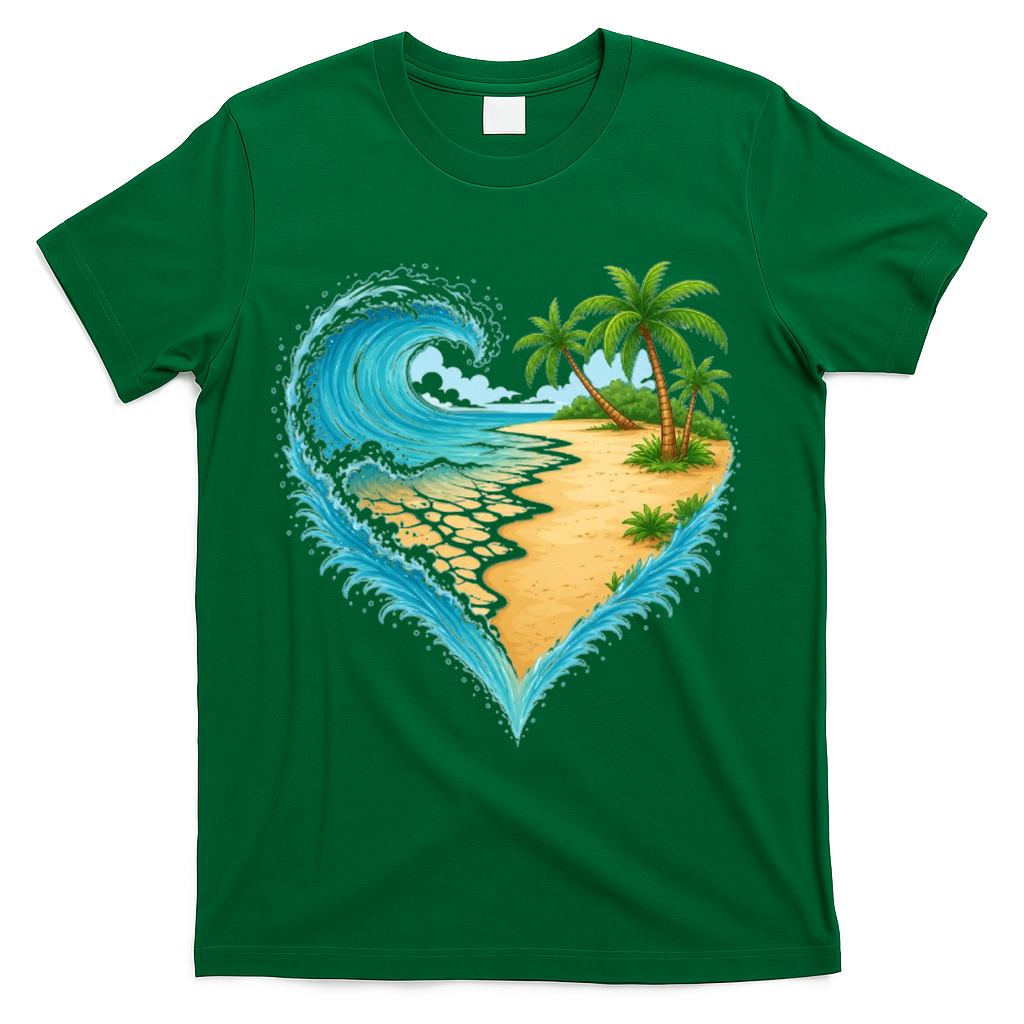 Heart-Shaped Ocean Beach Palm Tree Vacation T-Shirt - Green