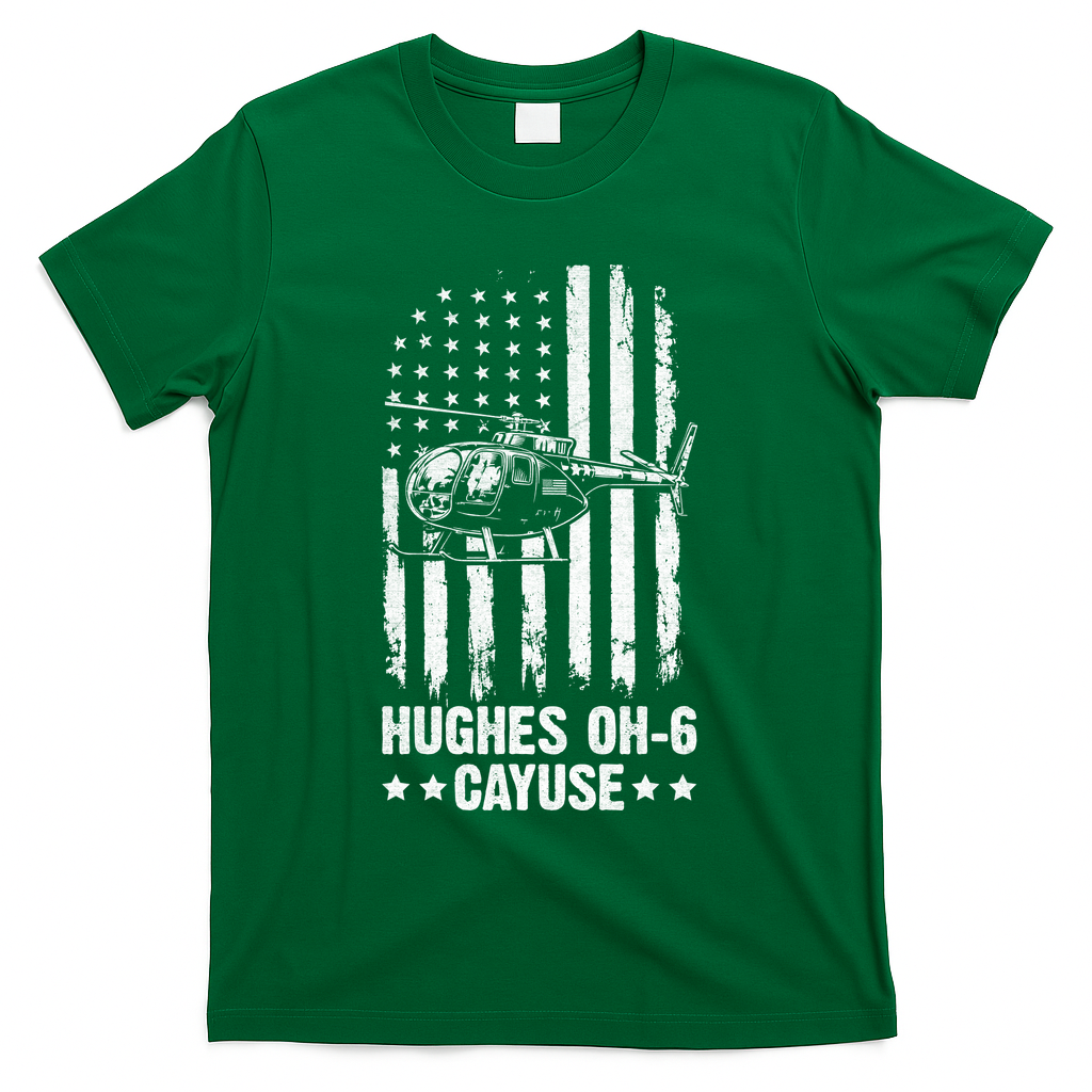Hughes OH-6 Cayuse American Flag Helicopter T-Shirt - Green