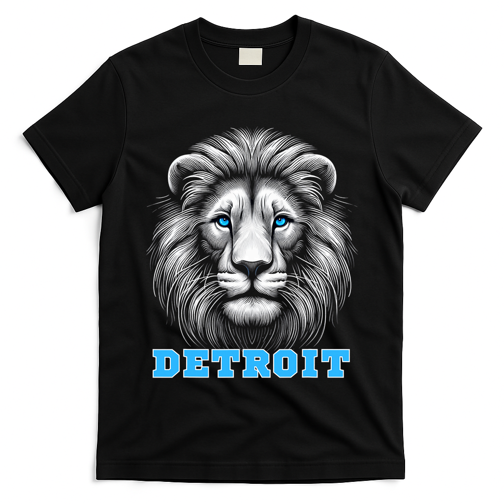 Head Of Lion With Blue Eyes Detroit Michigan Football Fan T-Shirt