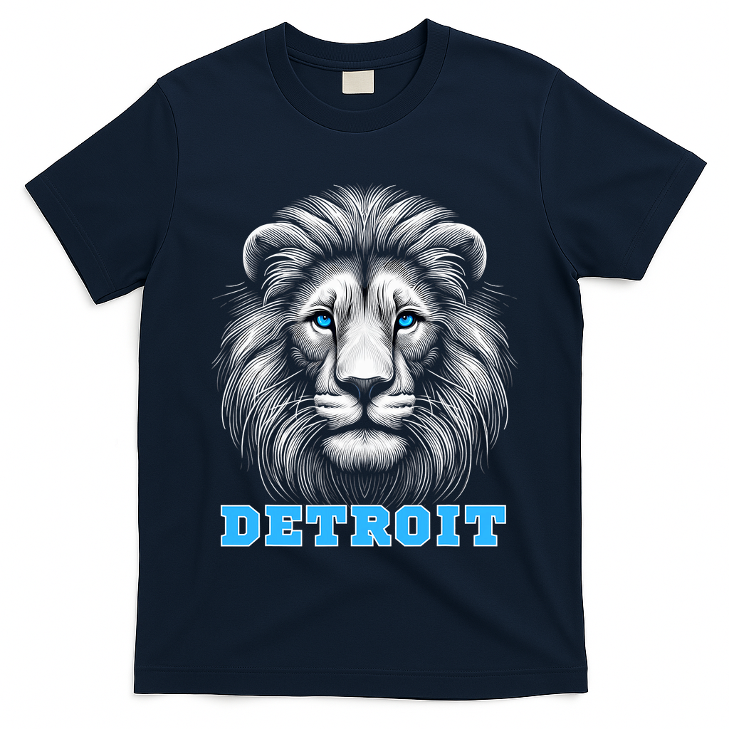 Head Of Lion With Blue Eyes Detroit Michigan Football Fan T-Shirt