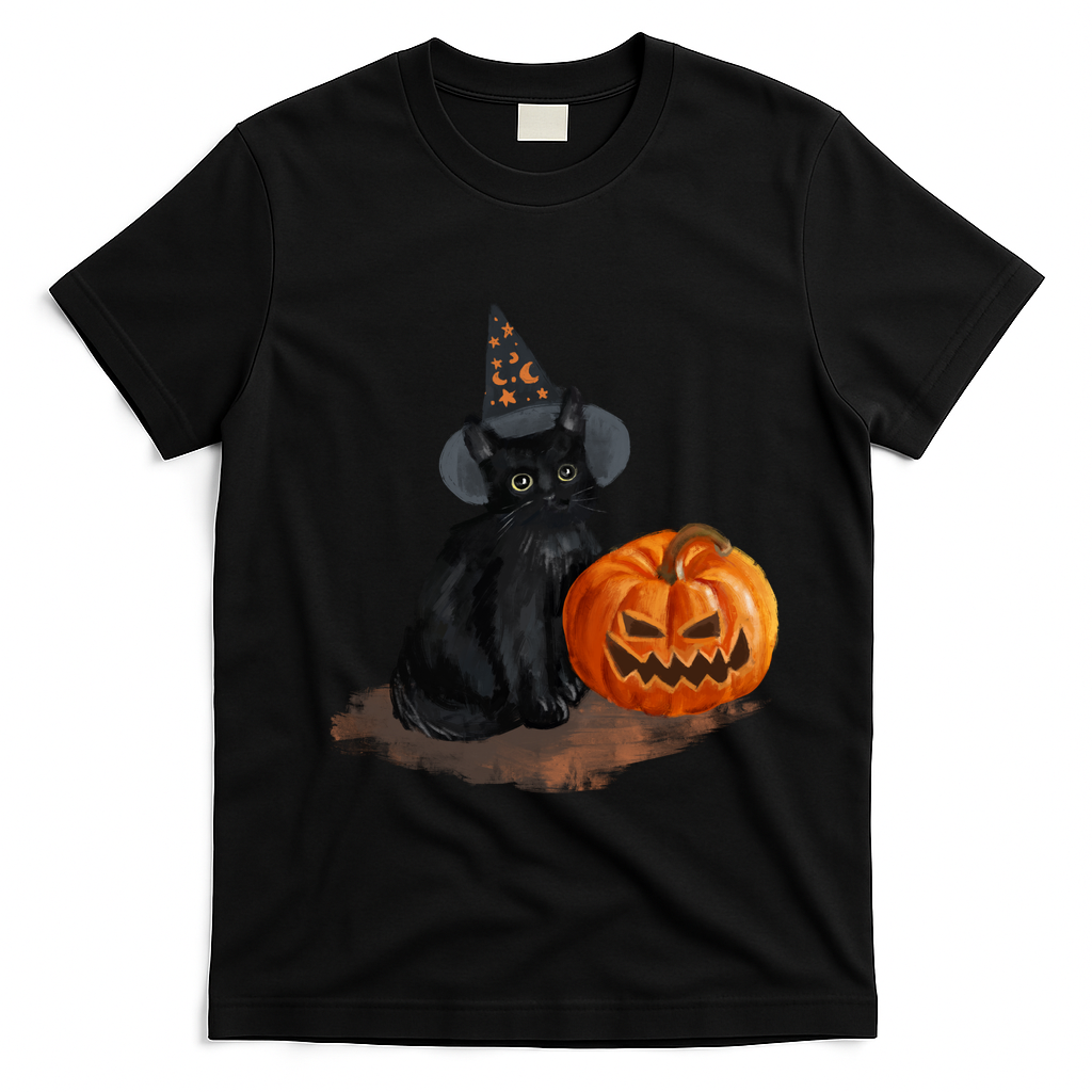 Halloween Pumpkin Black Cat T-Shirt - Black