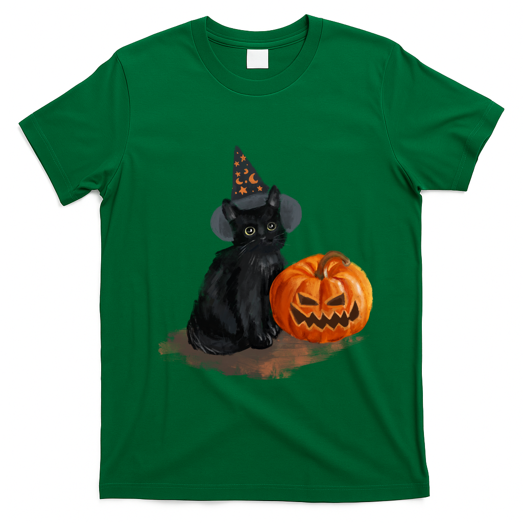 Halloween Pumpkin Black Cat T-Shirt - Irish Green